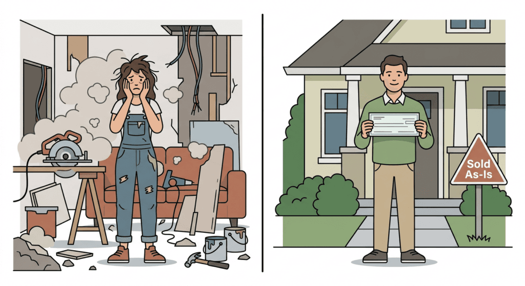 Compare the typical process of selling a house after repairs versus selling a house as is, highlighting time and stress.
