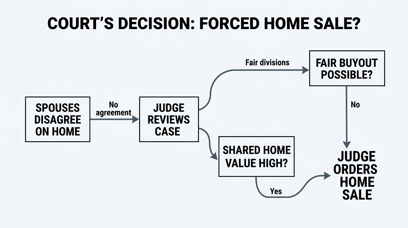 Flowchart showing when a judge might order a forced home sale in divorce. Can divorce force sale of house.