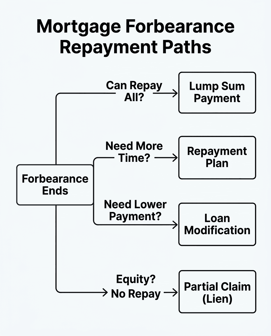 Flowchart outlining common mortgage forbearance repayment options like lump sum, repayment plan, loan modification, and partial claim.