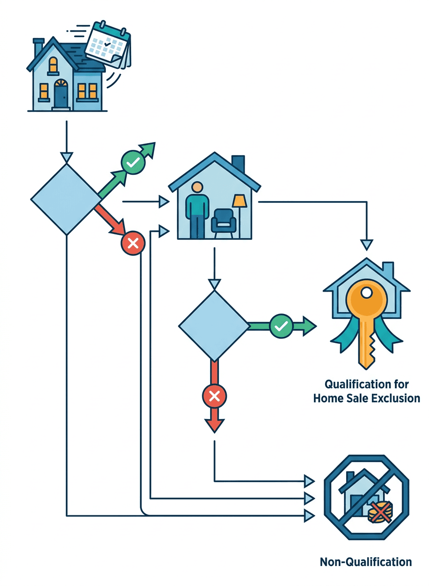 Flowchart explaining the two main tests (ownership and use) required to qualify for the home sale tax exclusion.