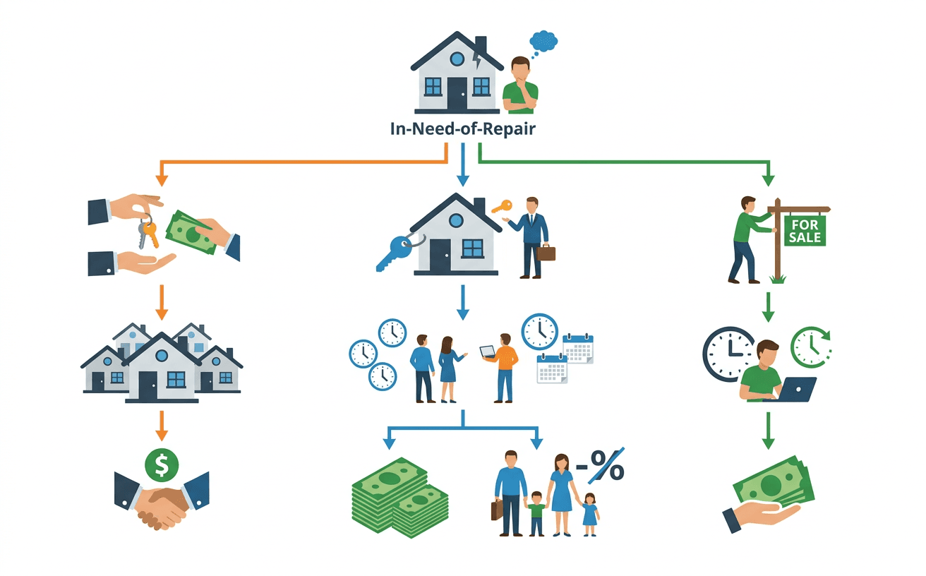 Flowchart illustrating different ways to sell an 'as-is' home and their outcomes.
