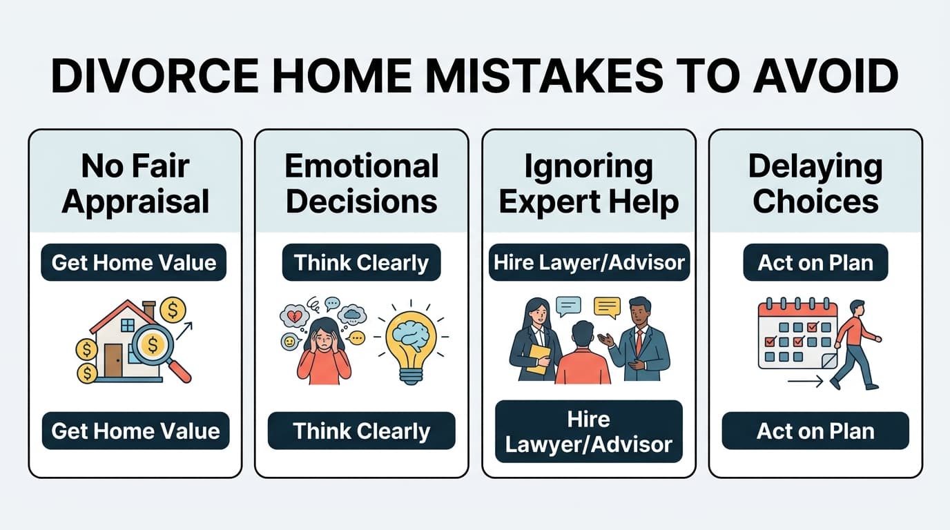 Common divorce home mistakes to avoid such as no appraisal, emotional decisions, and delaying choices.