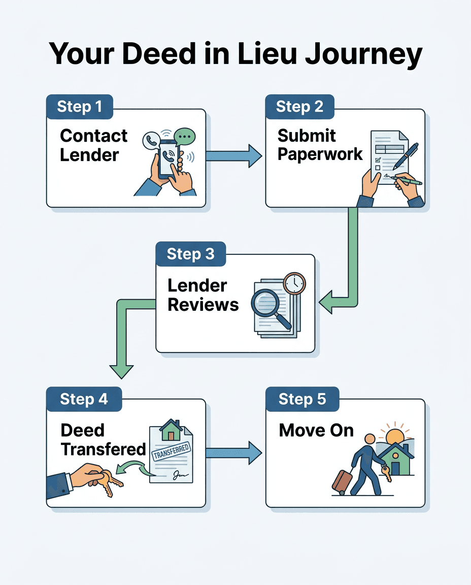 Diagram showing the step-by-step process of requesting a deed in lieu of foreclosure.