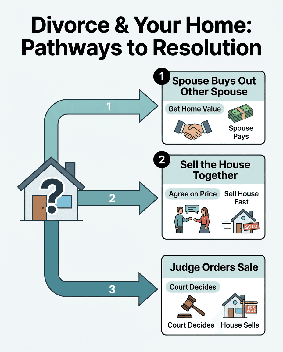 Options for a house during divorce: buyout, mutual sale, or court-ordered sale.