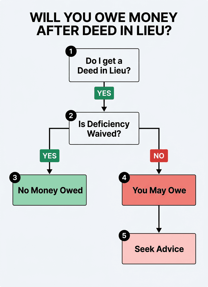 Flowchart explaining if a homeowner will owe money after a deed in lieu of foreclosure.
