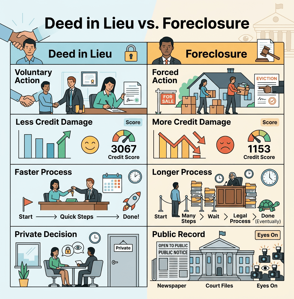 Comparison table showing differences between a deed in lieu of foreclosure and traditional foreclosure.