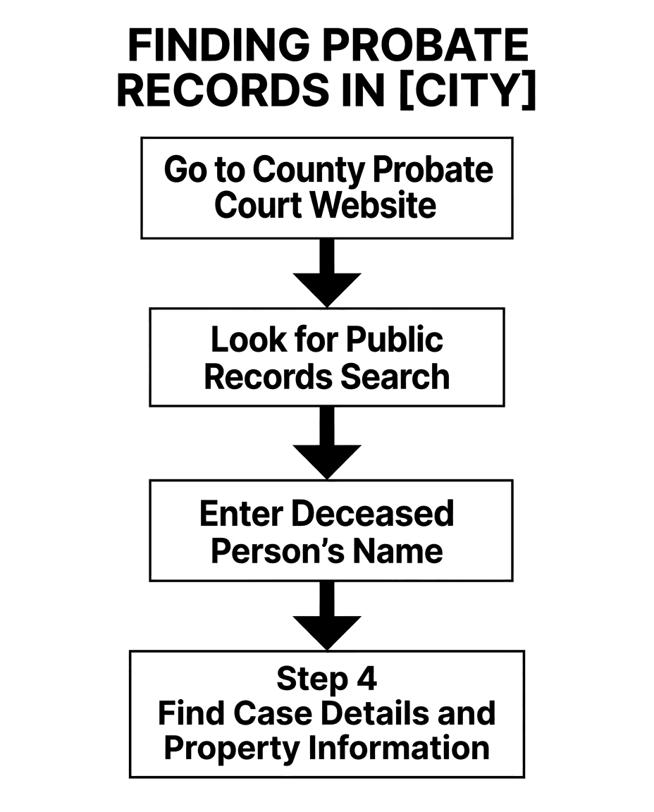Flowchart showing steps to find probate records at the Wayne County, Michigan Probate Court website.