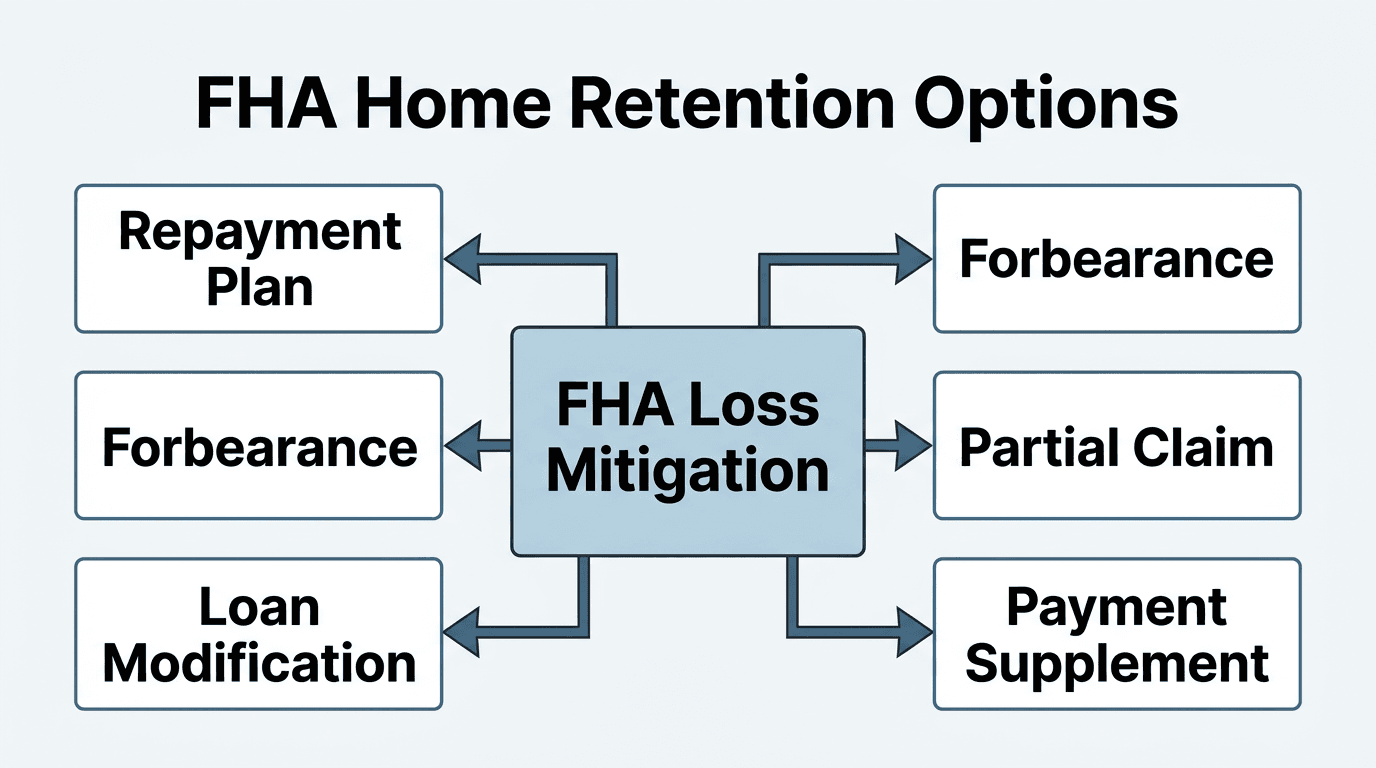 Diagram showing FHA's various home retention options, including repayment plans, forbearance, partial claims, loan modification, and payment supplements.