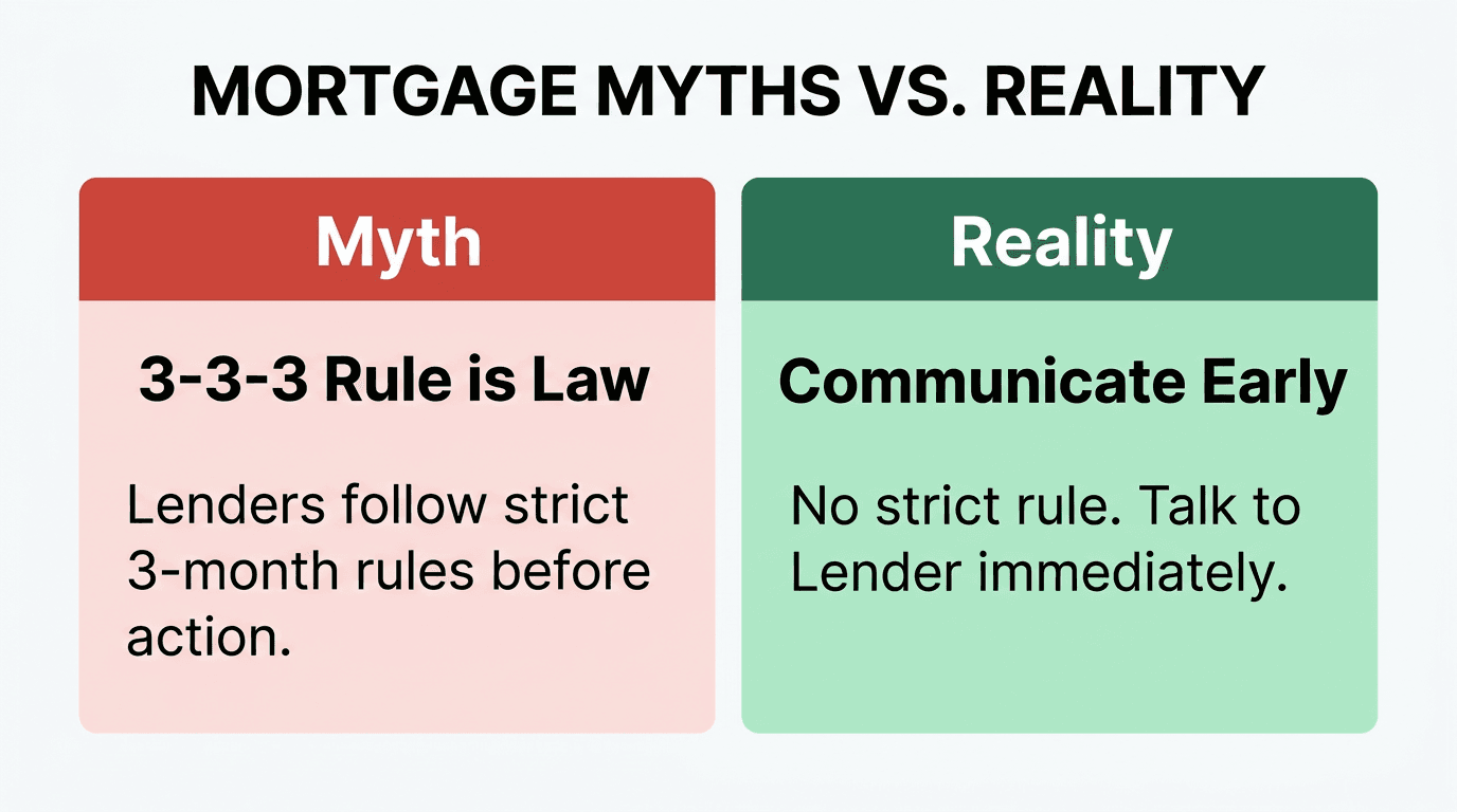 Infographic debunking the 3-3-3 rule for mortgages, contrasting the myth with the reality of early communication.