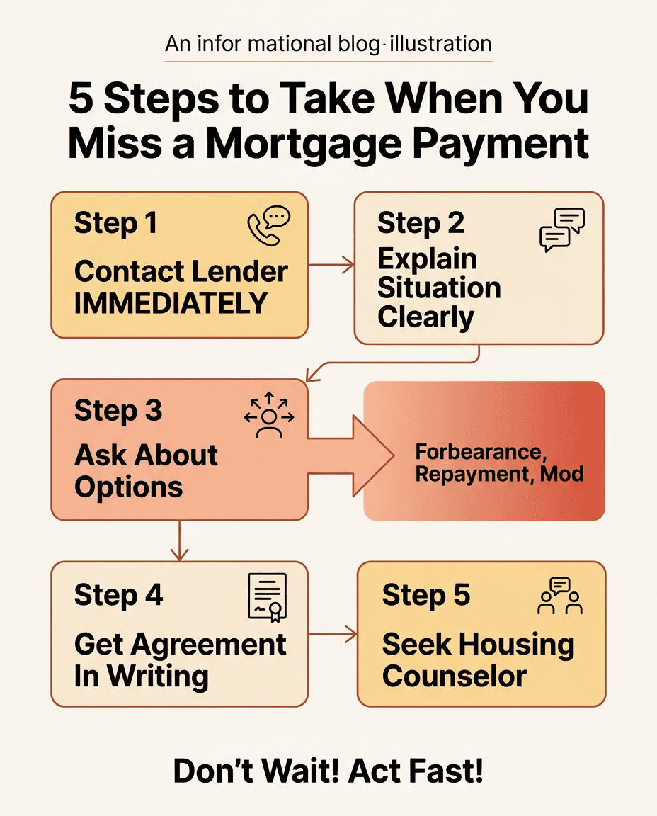 Infographic showing steps for late mortgage payment forgiveness and help.