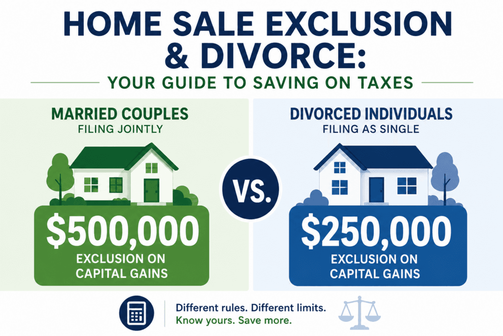 Home Sale Exclusion & Divorce guide comparing capital gains tax exclusions for home sales, showing married couples filing jointly eligible for a $500,000 exclusion and divorced individuals filing as single eligible for a $250,000 exclusion.