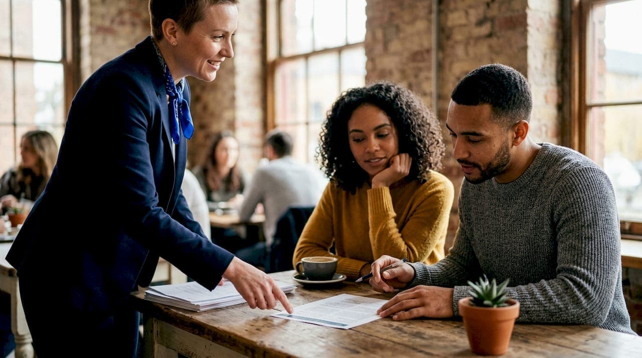 Real estate agent discussing sale with diverse couple at café