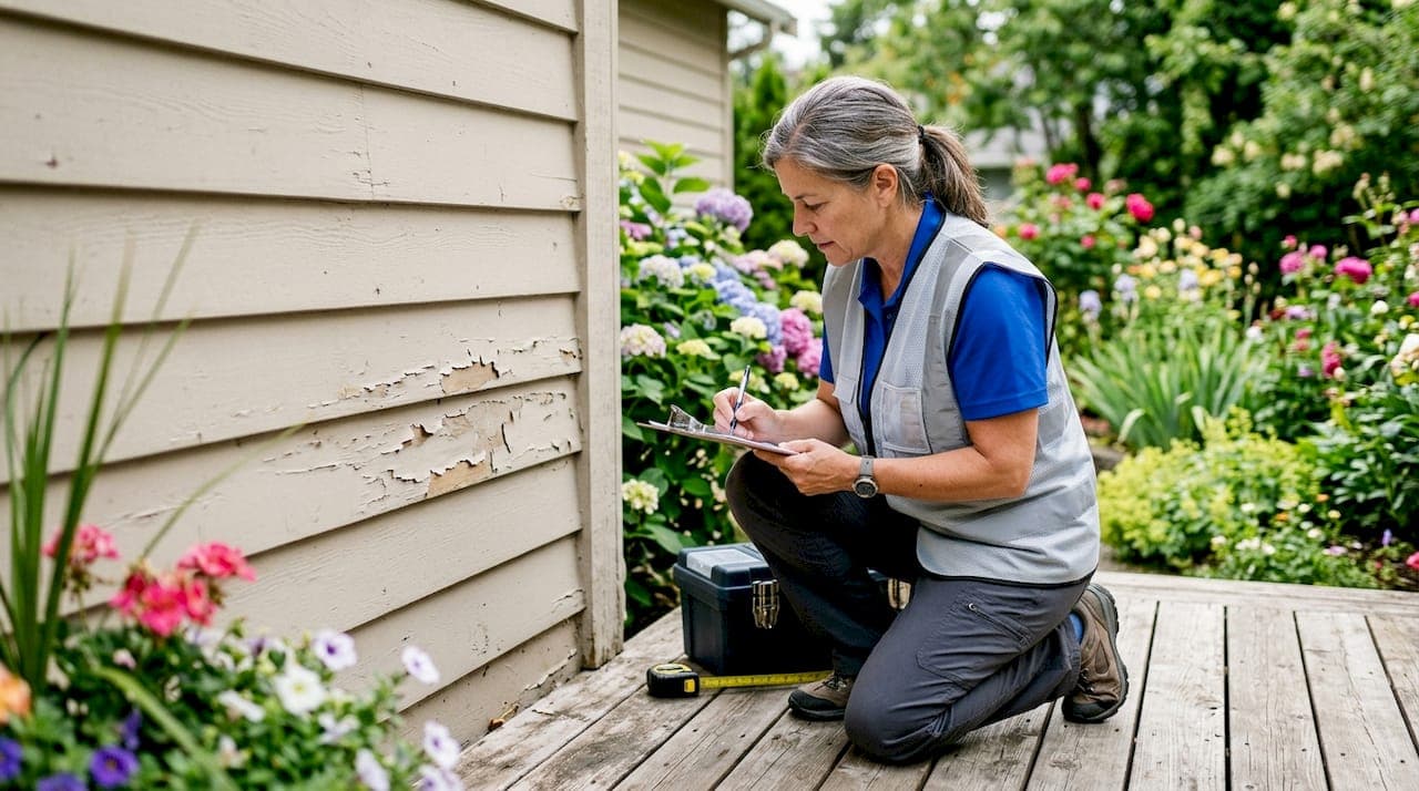 Home inspector examining house foundation
