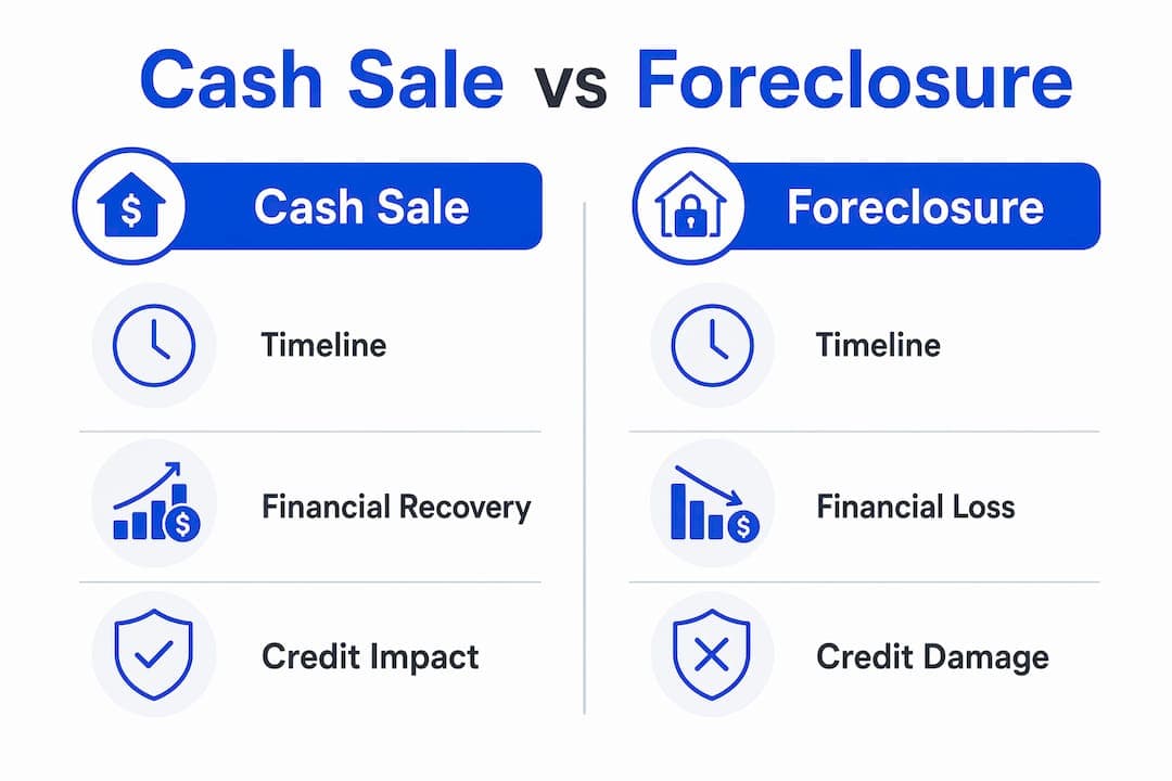Comparative infographic of cash sale versus foreclosure outcomes