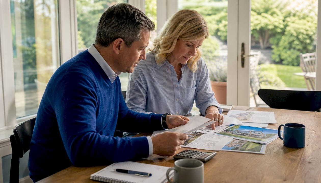 Couple reviewing home sale documents at kitchen table