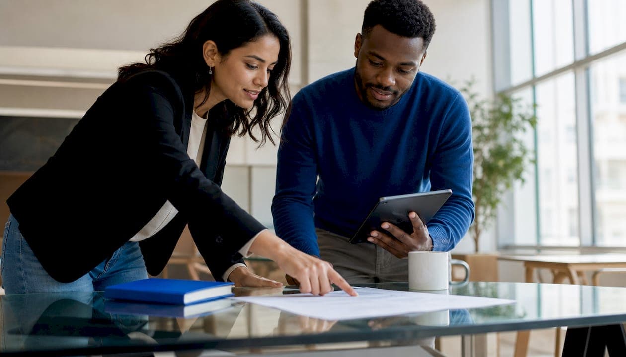 Two professionals reviewing property ownership documents