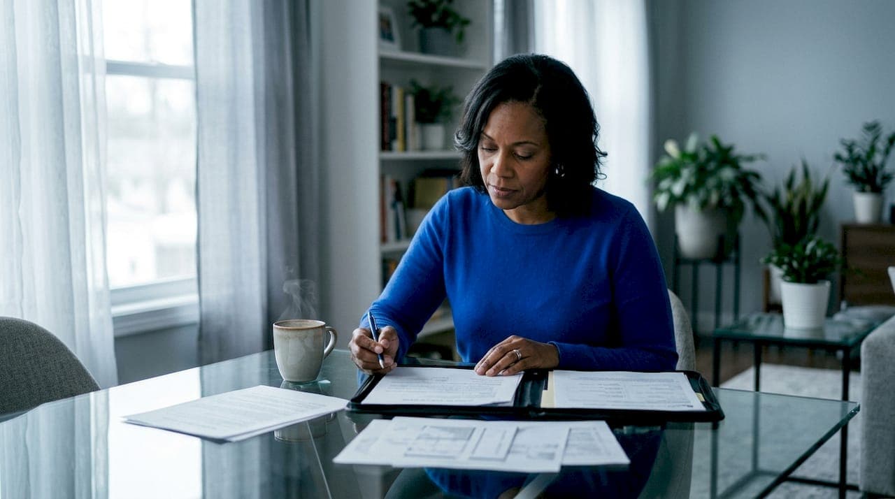 Seller reviewing cash offer documents at home