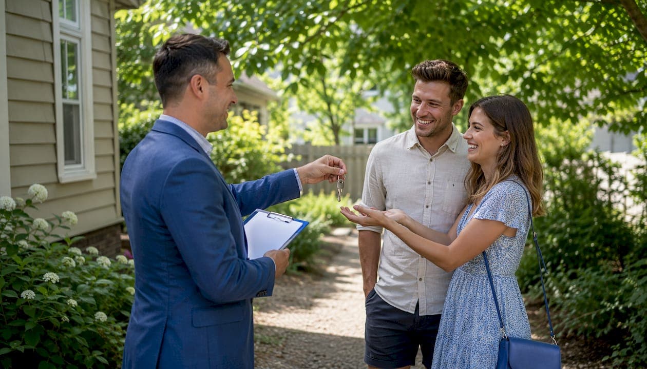 Agent handing keys for fast cash home sale