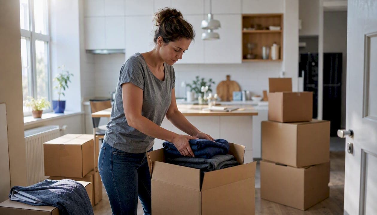 Person packing moving box carefully