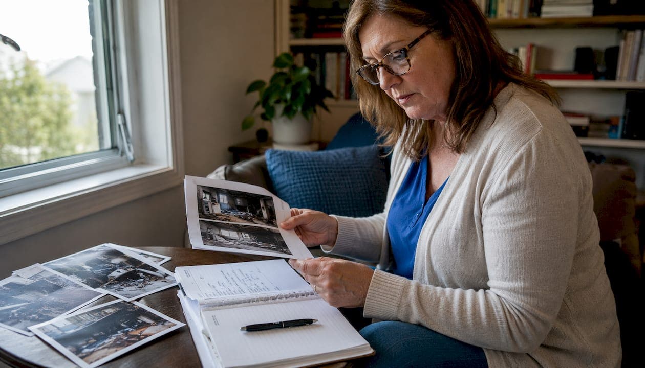 Woman reviewing fire damage documents at home office