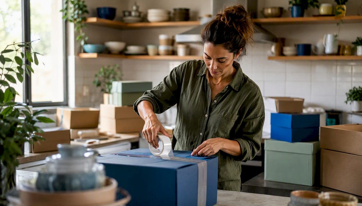 Hands packing moving boxes in home