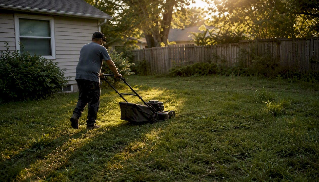 Worker mowing lawn at vacant inherited home
