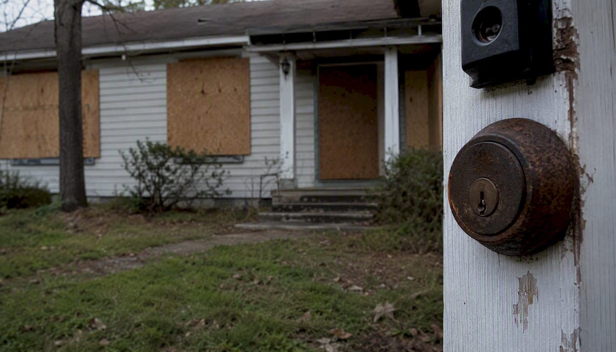 Vacant home with boarded windows and security features