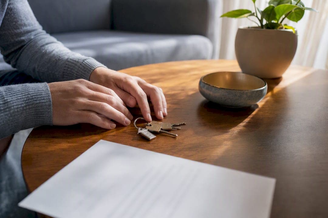 Hands holding house keys over insurance papers