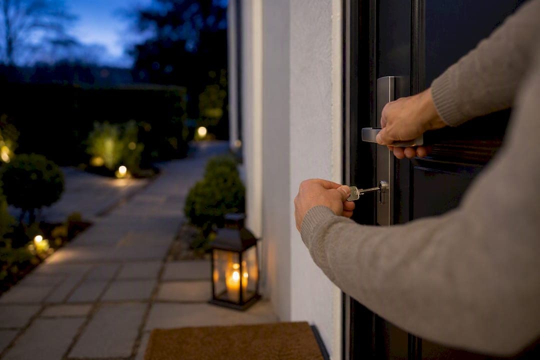 Hands locking front door in home sale