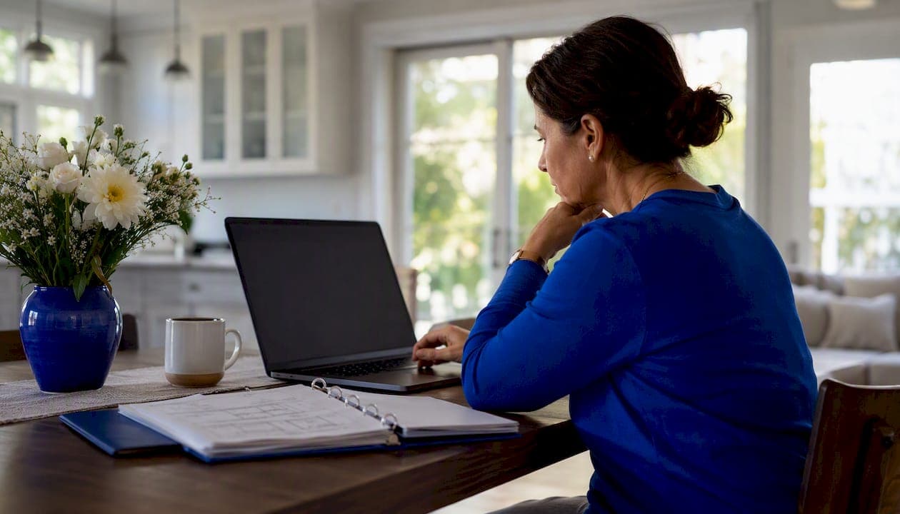 Homeowner reviewing online home value estimate at desk