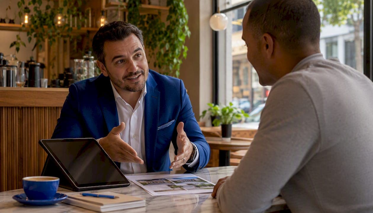 Real estate agent explaining home value estimation