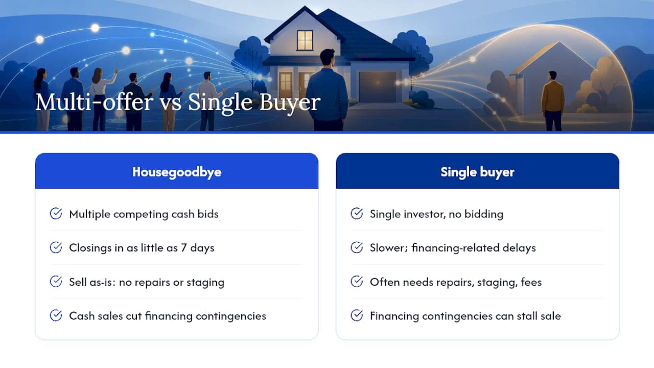Diagram comparing single buyer vs multi-offer bidding process
