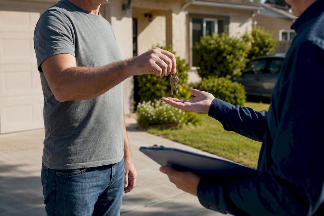 Homeowner handing keys to investor representative
