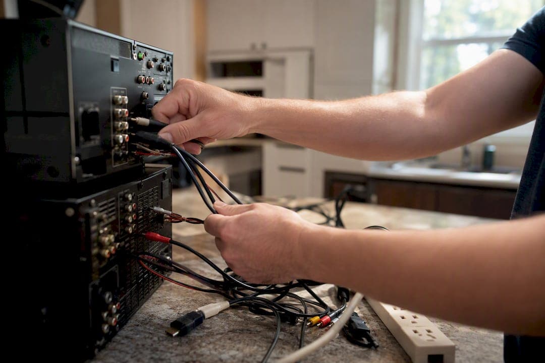 Hands unplugging TV cables