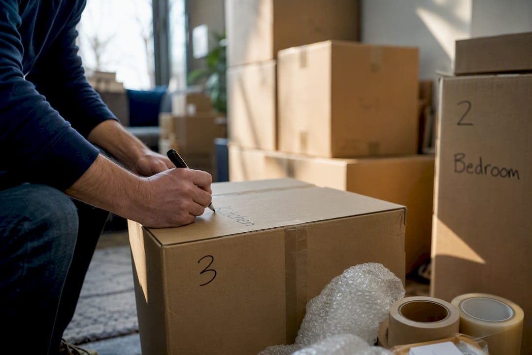 Hands labeling moving boxes