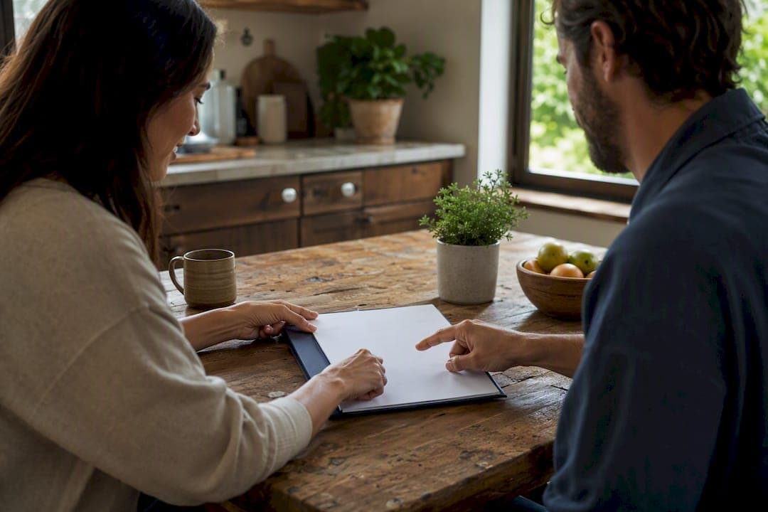 Hands pointing at contract in home setting