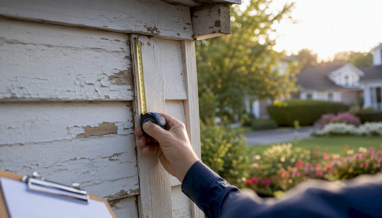 Agent measuring house exterior foundation corner