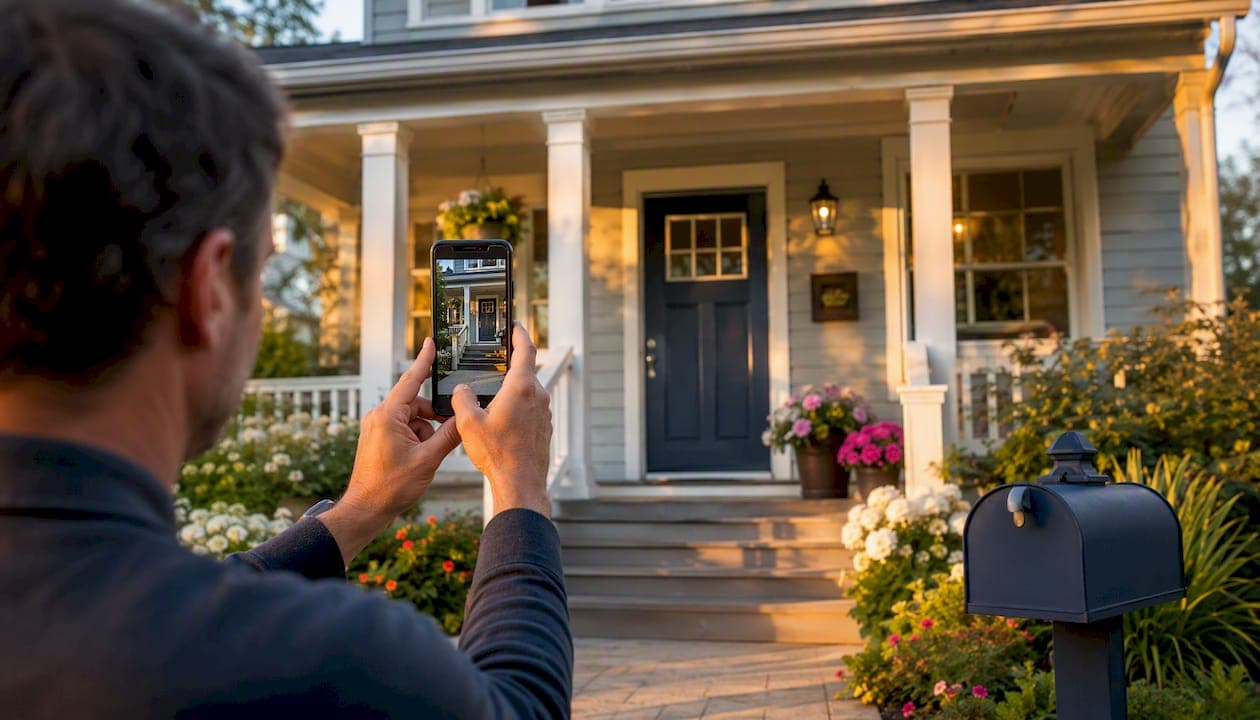 Hands holding phone taking house photo outside