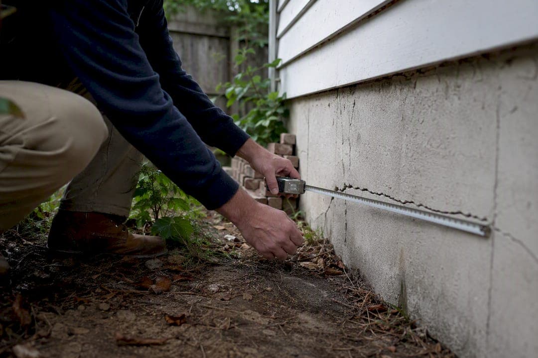 Contractor measuring foundation crack for repair