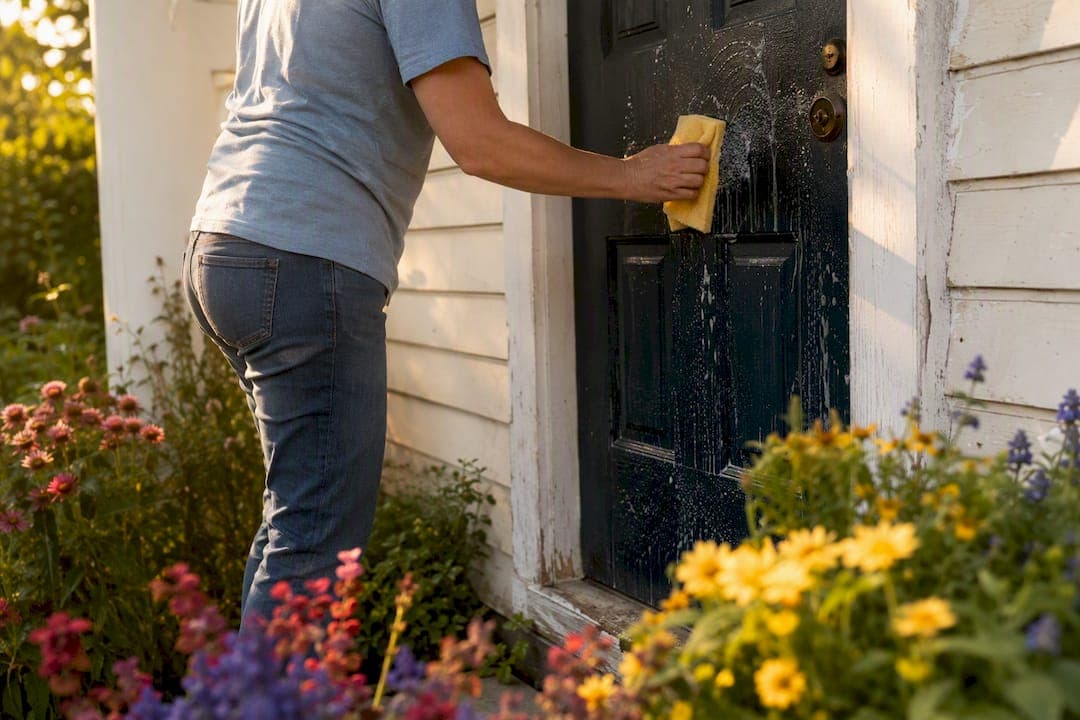 Homeowner removing old house numbers at front door