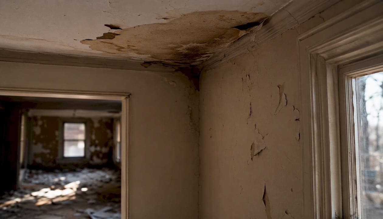 Close-up of water damage in vacant home ceiling