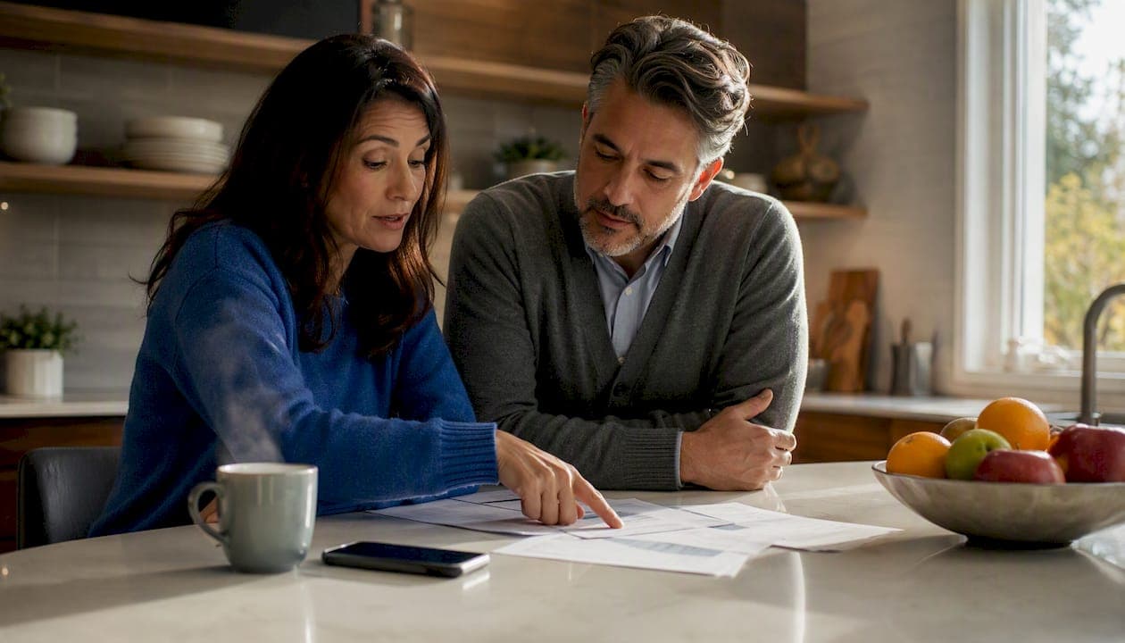 Couple reviewing cash closing documents at home