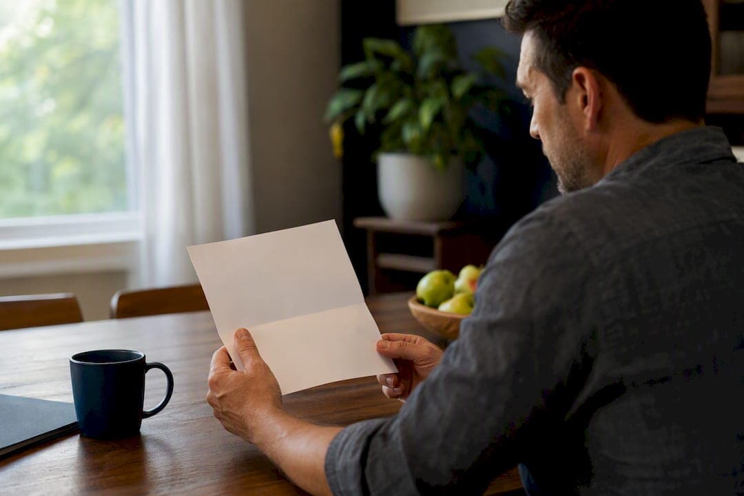 Homeowner reviewing cash offer at kitchen table