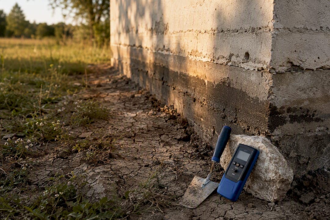 Close-up of soil and foundation wall with moisture and cracks
