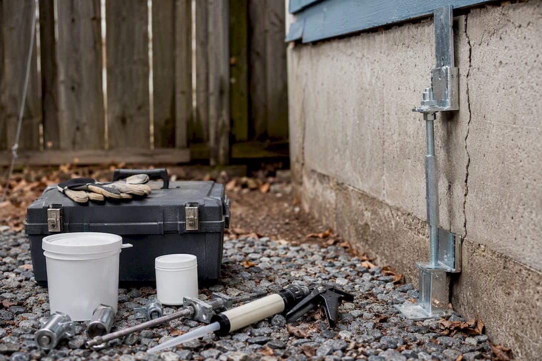 Close-up of materials and tools for foundation repair