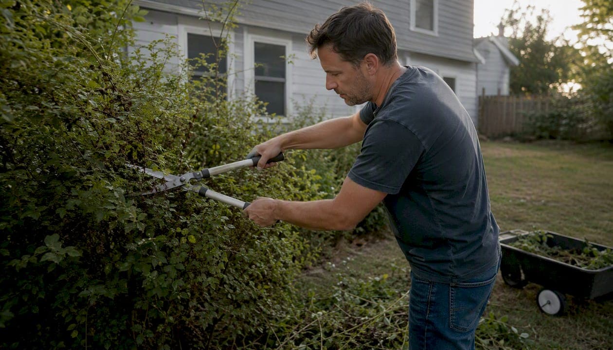 Person mowing grass at vacant house exterior