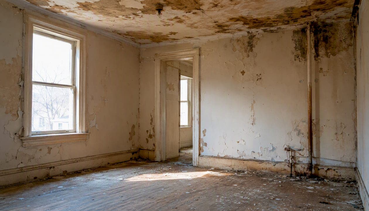 Water damage ceiling corner inside vacant house