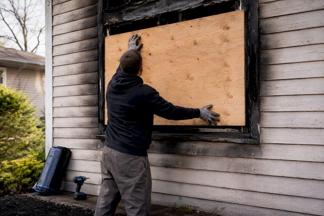 Broken windows boarded after a house fire