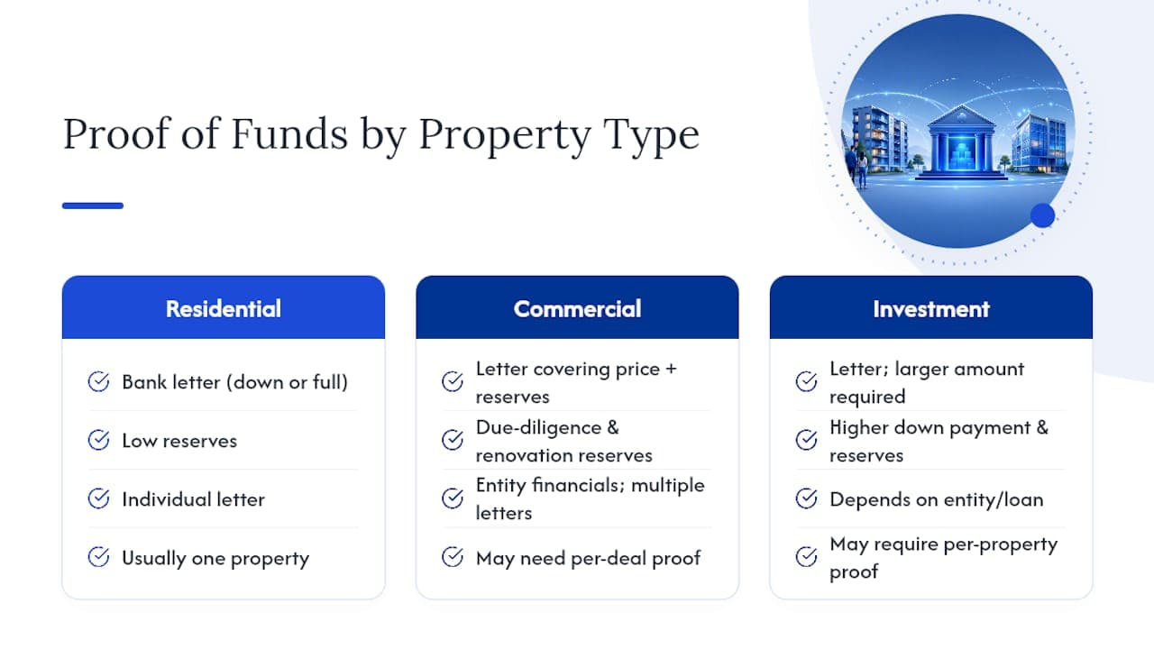 Proof of funds by property type