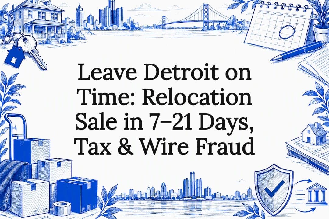 Relocating from Detroit? Gather a seller packet, get competing cash offers, and close in 7–21 days. Handle Michigan disclosures, SRETT, and wire fraud checks.